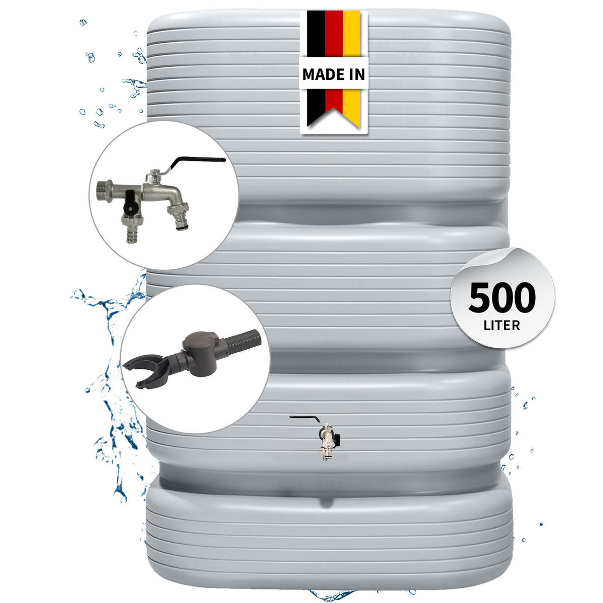 REGENTONNE Wandtank Komplett-Set 500 L, betongrau inkl. Chrom-Doppelauslaufhahn und Fallrohranschluss - Grau, Kunststoff (62/122/80cm) - 4rain