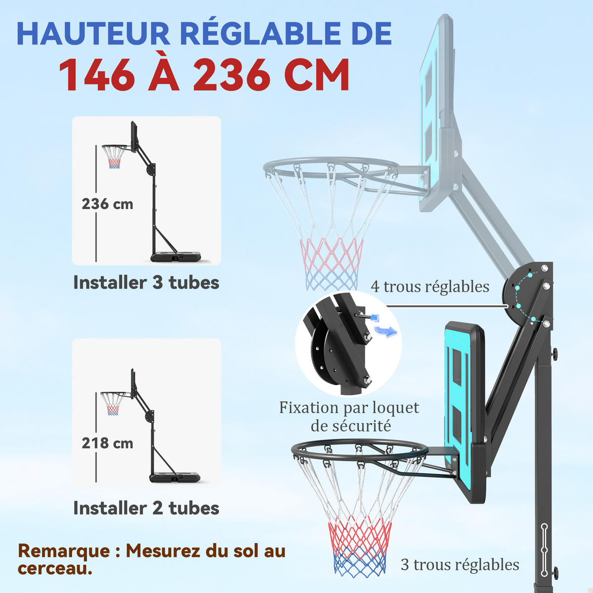 BASKETBALLKORB DE-18524 höhenverstellbar 146-236 cm Schwarz - Schwarz, Metall (55.5/74.5cm) - ComfortXL