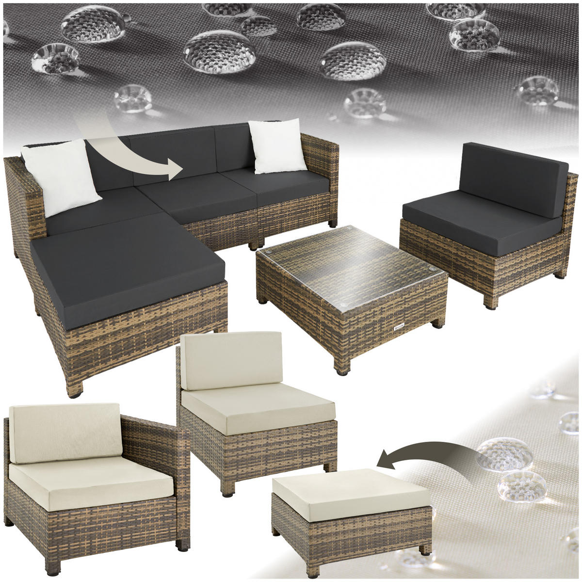 RATTANLOUNGE , mit Sicherheitsglasplatte, natur - Naturfarben, Kunststoff - tectake
