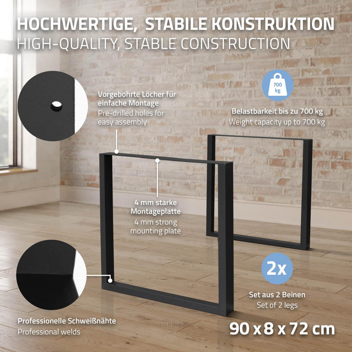 TISCHBEINE 2er Set 90 x 72 cm Schwarz - Schwarz, Metall (90/8/72cm) - ECD-Germany