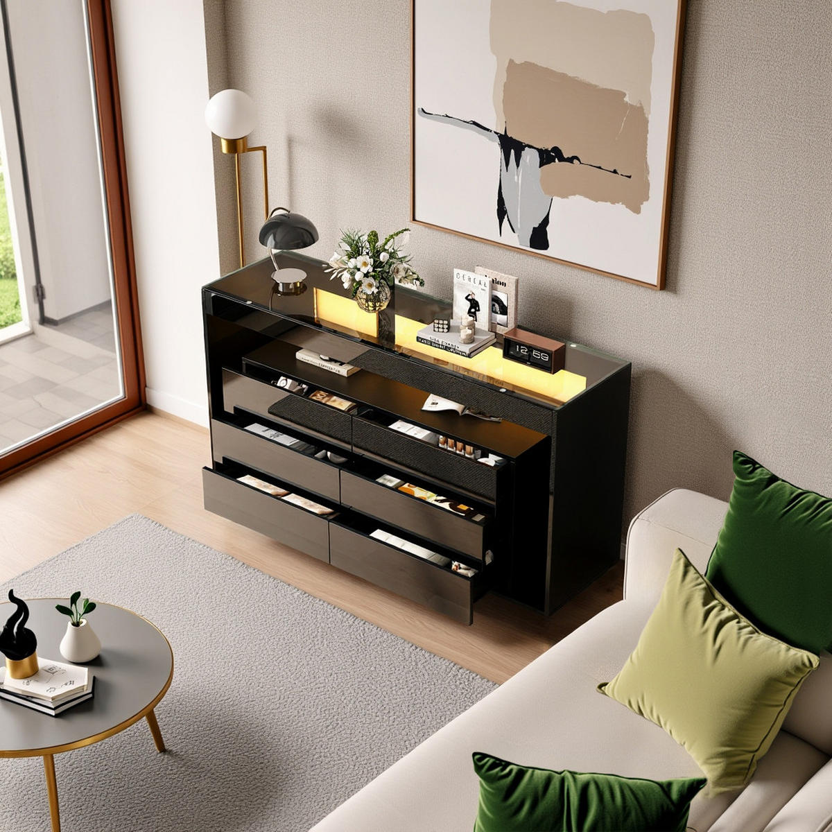 SIDEBOARD mit 6 Schubladen und LED-Beleuchtung - Schwarz, Holzwerkstoff (140/70/40cm) - Urban Meuble