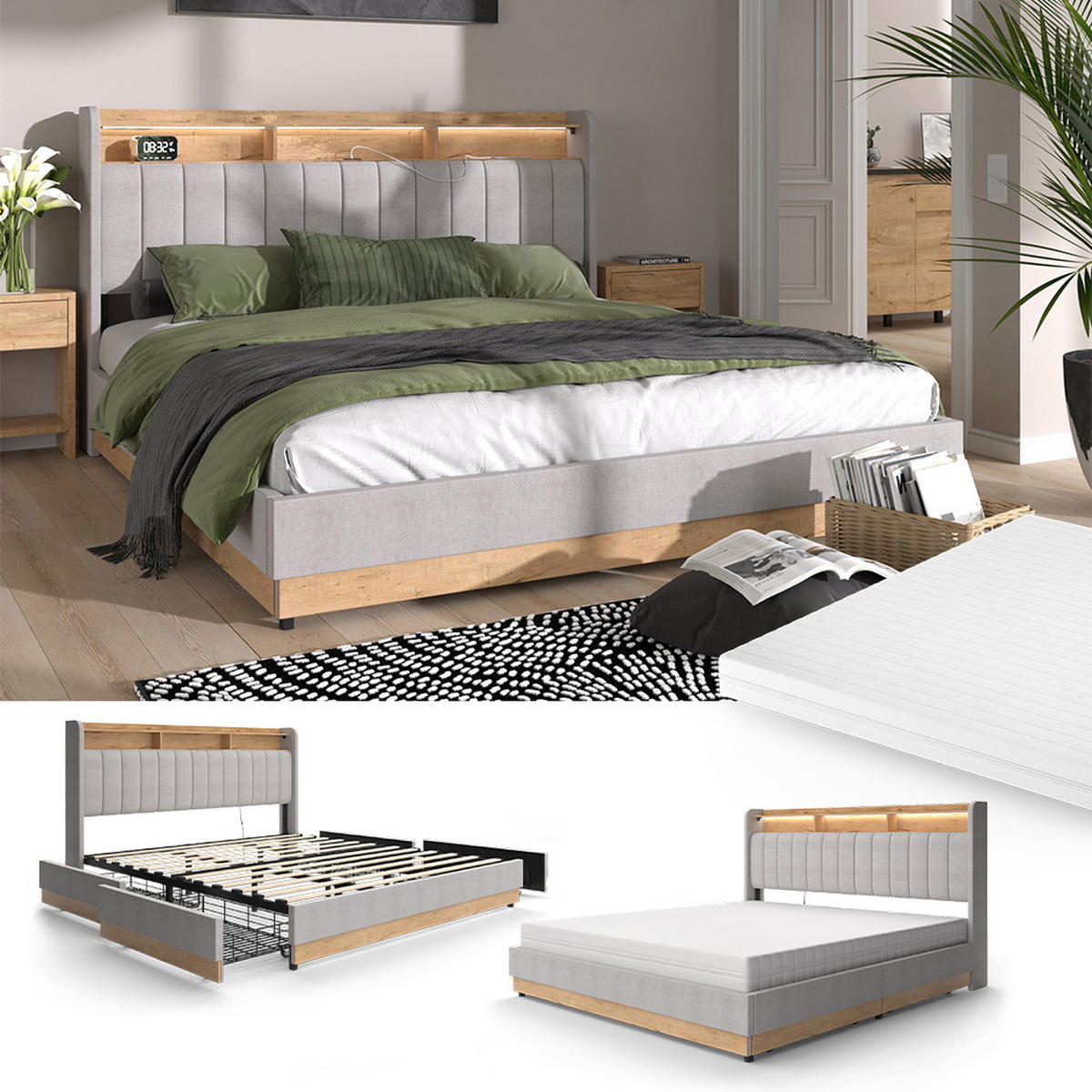 ČALOUNĚNÁ POSTEL Nura Šedá - šedá/barva dubu, kompozitní dřevo - VitaliSpa