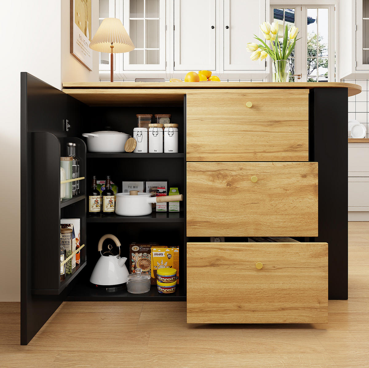 BAROVÝ stůl z MDF 138-204x39x104 cm černý otočný o 360° a výsuvný s úložným prostorem a 3 zásuvkami - černá, kompozitní dřevo (204/104/39cm) - Modfu