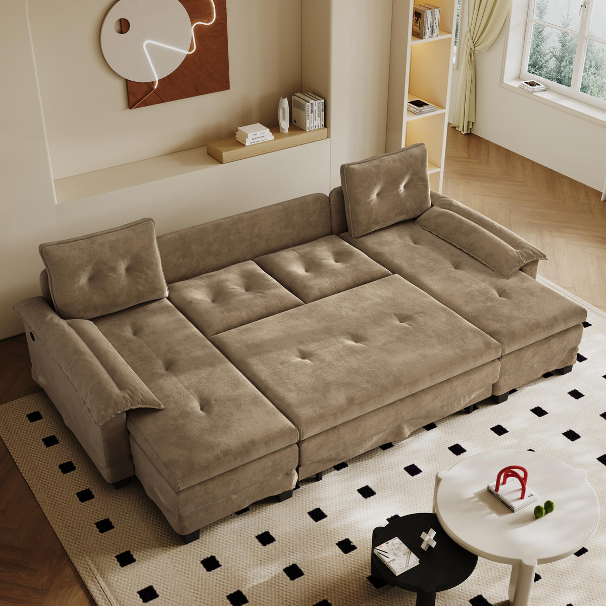 WOHNLANDSCHAFT DE-34946 278 cm mit Schlaffunktion und USB Khaki - Braun, Holz (127/87/278cm) - ComfortXL
