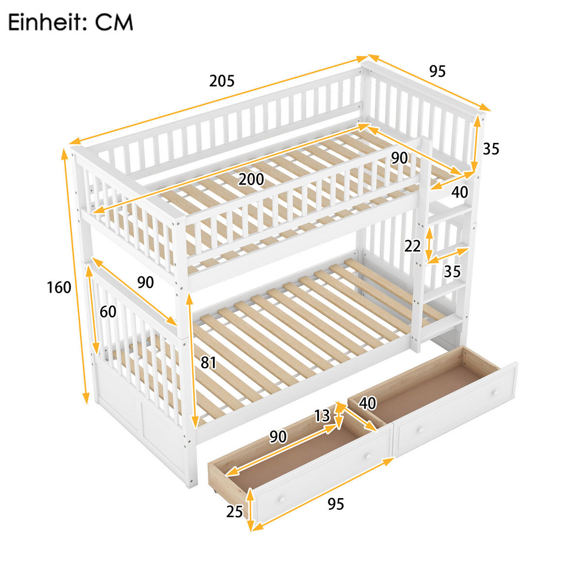 ETAGENBETT aus Kiefernholz 90x200 cm Weiß mit 2 Schubladen, umbaubar zu 2 Einzelbetten - Weiß, Holzwerkstoff (140/200cm) - IVMEU