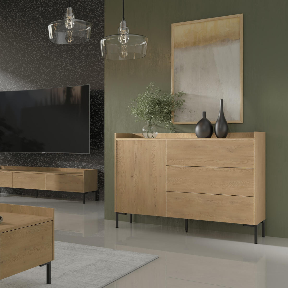 KOMMODE mit Schubladen Liam 1D3S 125 Cremona-Eiche - Eichefarben/Schwarz, Holzwerkstoff/Metall (126/92/41cm) - mzm24