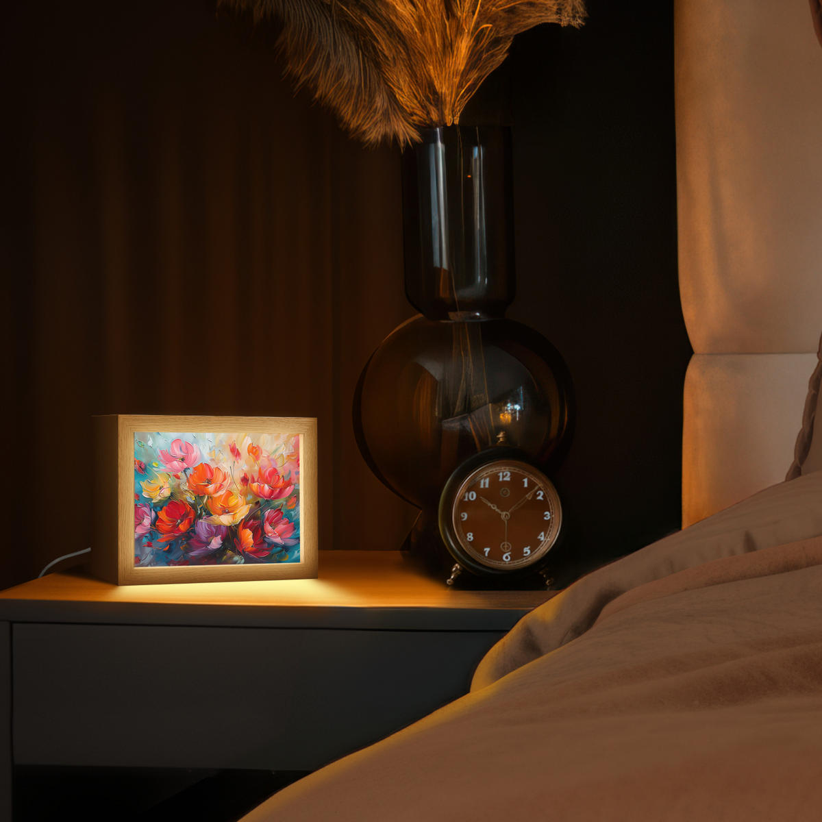 STOLNÍ LAMPA Květiny - barevné - malba - abstraktní - umění 20x15 cm - barva hliníku, kompozitní dřevo (8/20/15cm) - OnlyWow