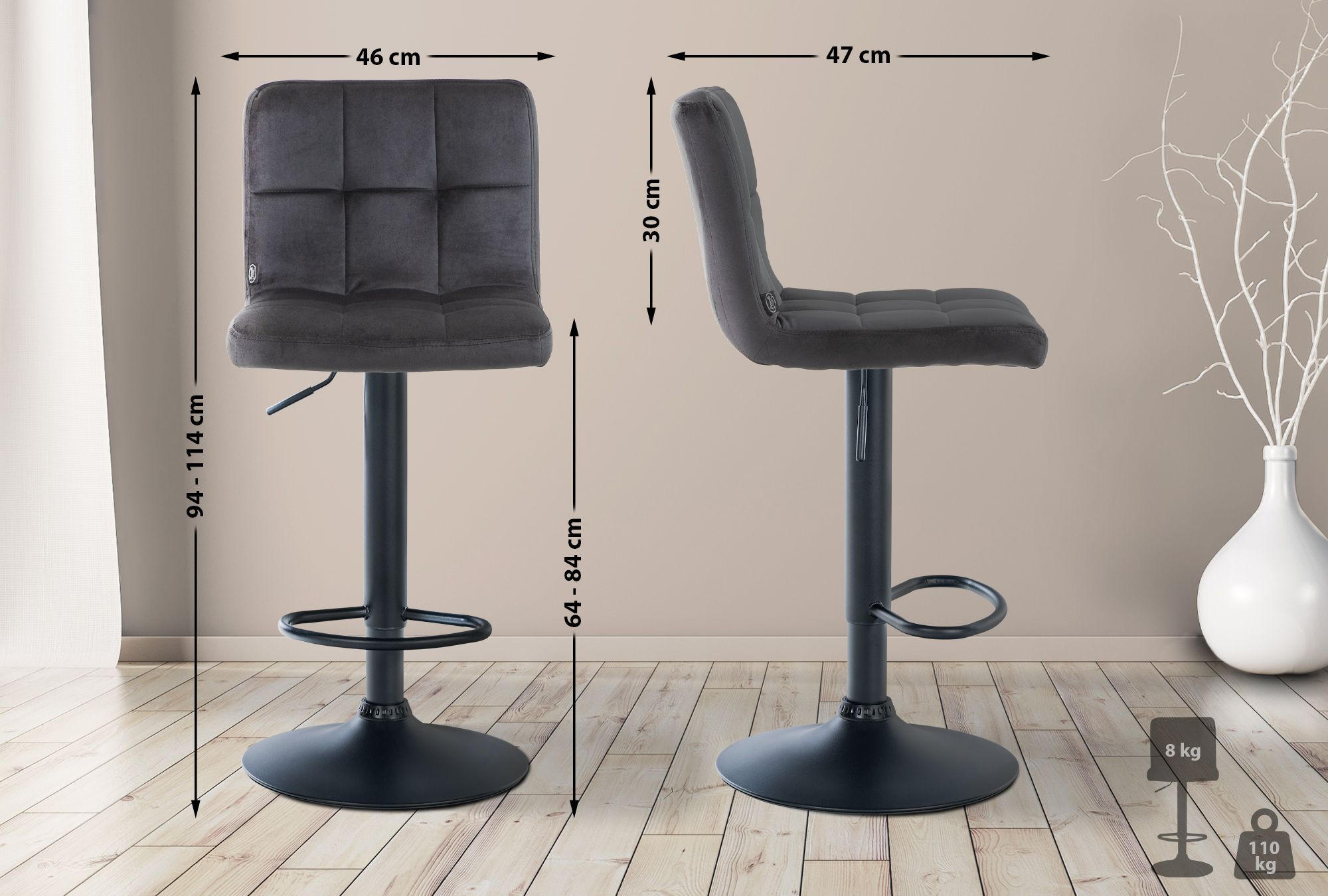 BARHOCKER BRISBAN Schwarz Samt Schwarz - Schwarz, Textil/Metall (46/94/47cm) - DELUKE