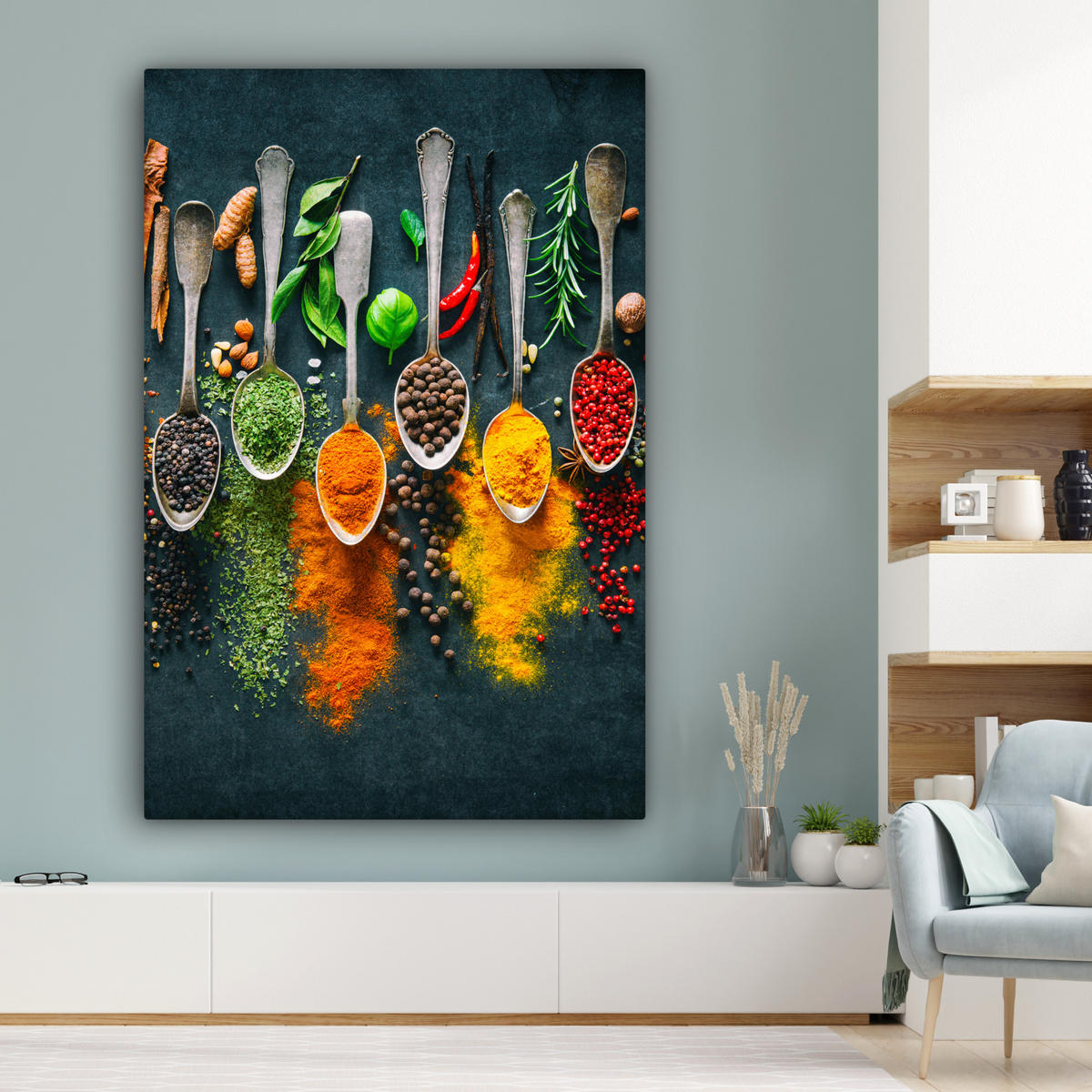 SLIKA NA PLATNU Zelišča 90x140 cm - barve karija, tekstil (90/140cm) - MuchoWow