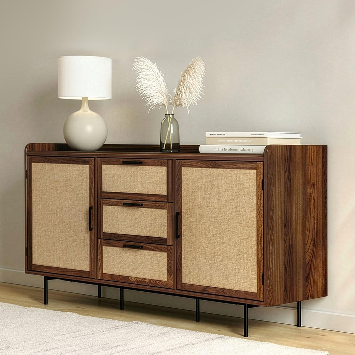 SIDEBOARD im Nussbaumdekor, 2 Türen, 3 Schubladen mit Fronten aus Stoff 140/39,5/79 cm - Nussbaumfarben, Holzwerkstoff (39.5/79/140cm) - Calicosy