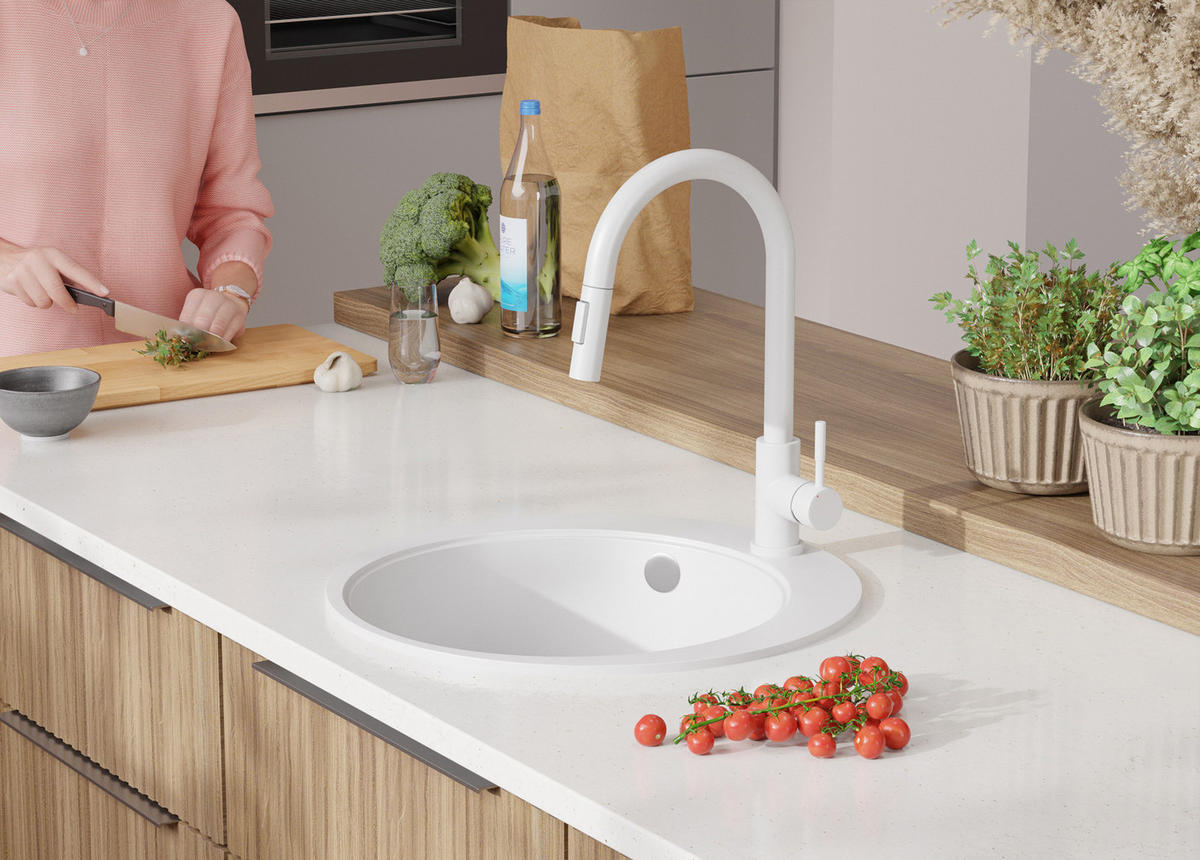 SPÜLBECKEN RUND Pisa, 2-er set Weiß 50/50 cm 1 Becken + Ablauf-Set + Schneidebrett ab 45er Unterschrank - Chromfarben/Beige, Kunststoff (50/20/50cm) - Primagran