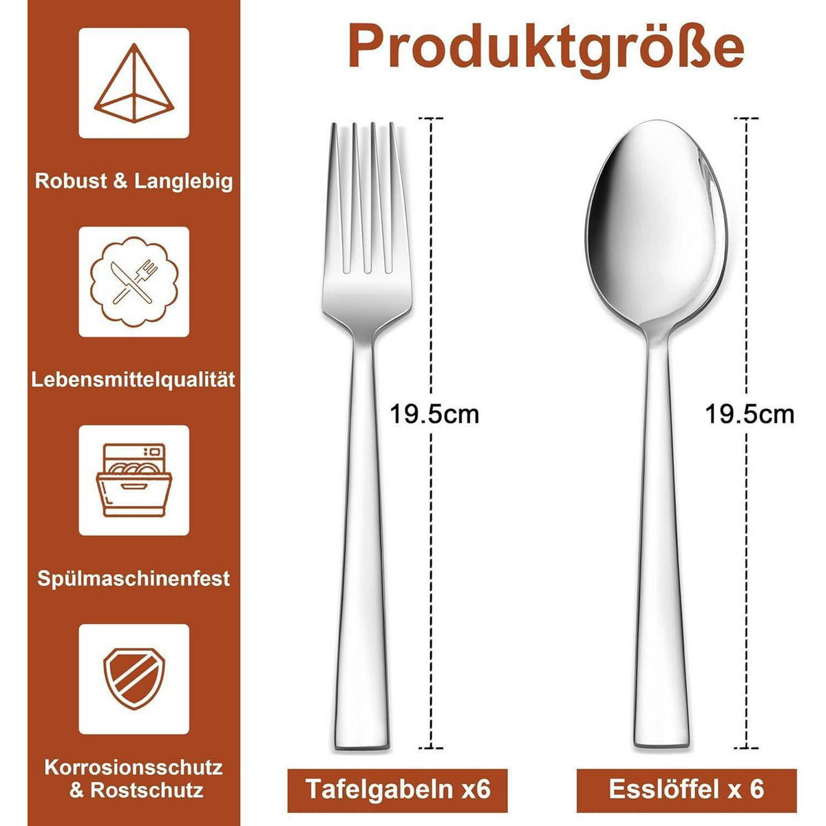 BESTECKSET 12-teilig Edelstahl 19.5 cm Hochglanzpoliert Quadratischer Griff - Silberfarben, Metall