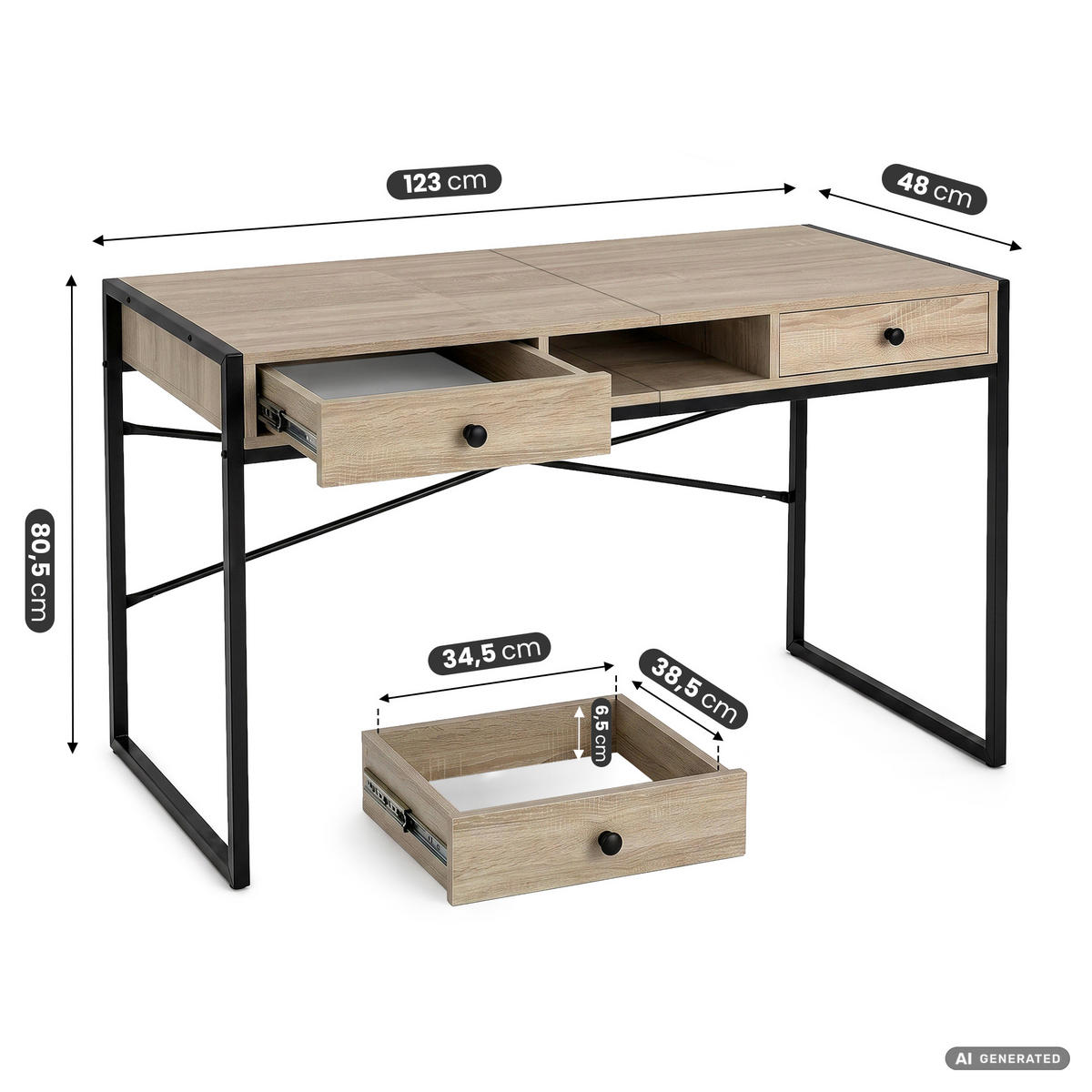 SCHREIBTISCH ELOSNIS 123 cm Sonoma Eiche - Schwarz/Sonoma Eiche, Holzwerkstoff (123/48/80.5cm) - Akord