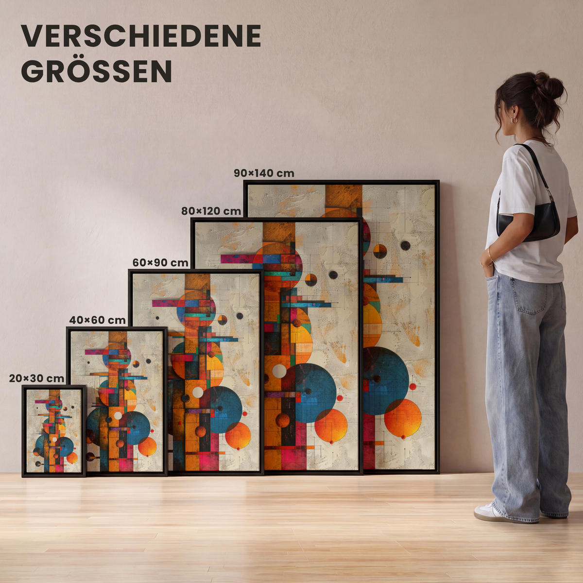 LEINWAND Bilder mit Rahmen - Vintage - Moderne Kunst - Orange - Geometrische Formen - 100x150 - Multicolor, Textil (100/150cm) - MuchoWow