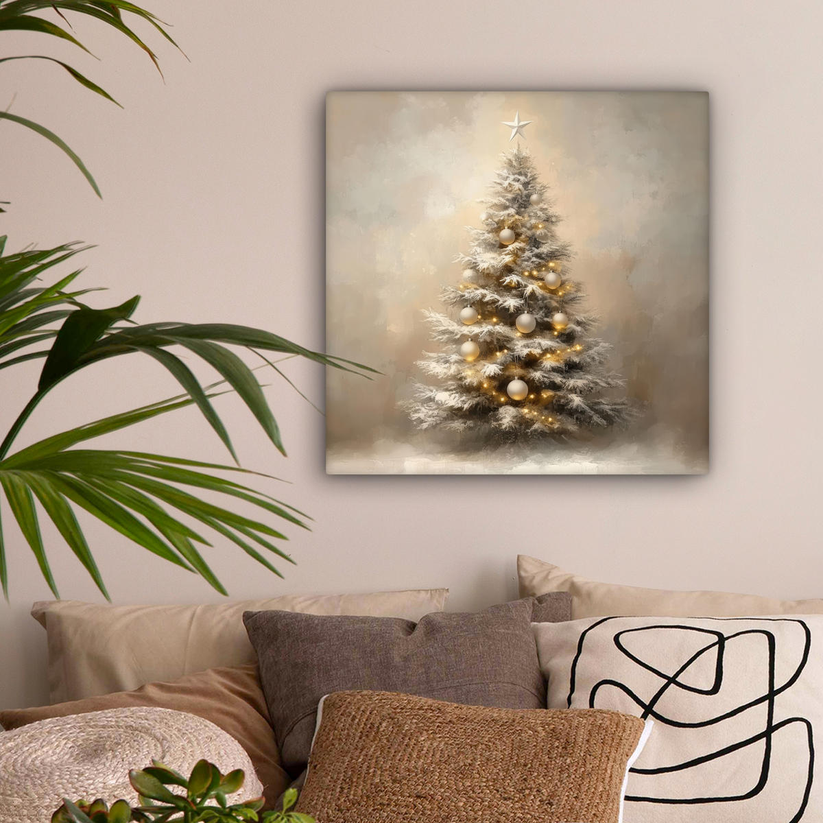 LEINWANDBILD Weihnachten - Weihnachtsbaum - Schnee - Kunst 50x50 cm - Champagner, Textil (50/50cm) - MuchoWow