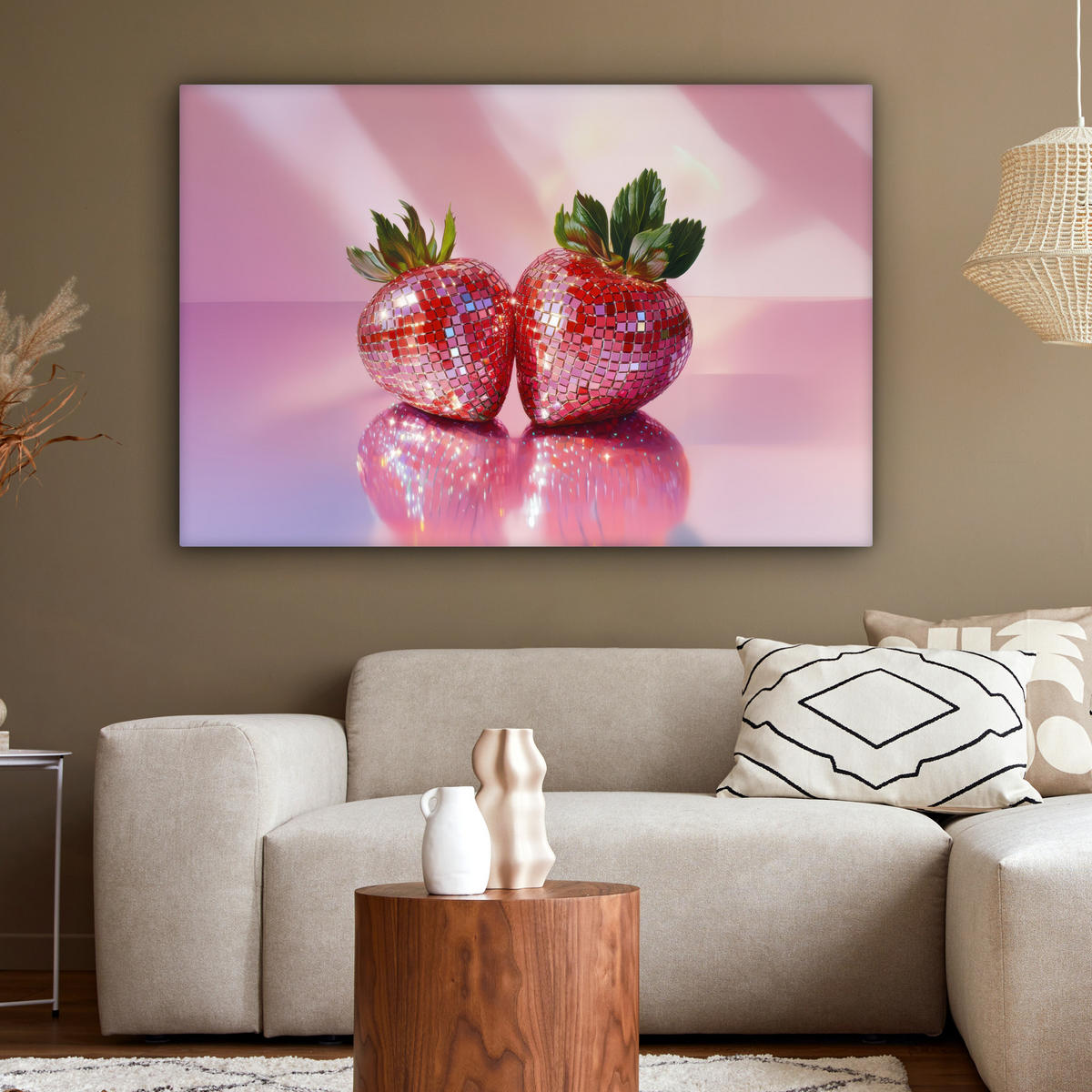 LEINWANDBILD Disco - Obst - Glitzer - Erdbeere Groß 140x90 cm - Pink, Textil (140/90cm) - MuchoWow