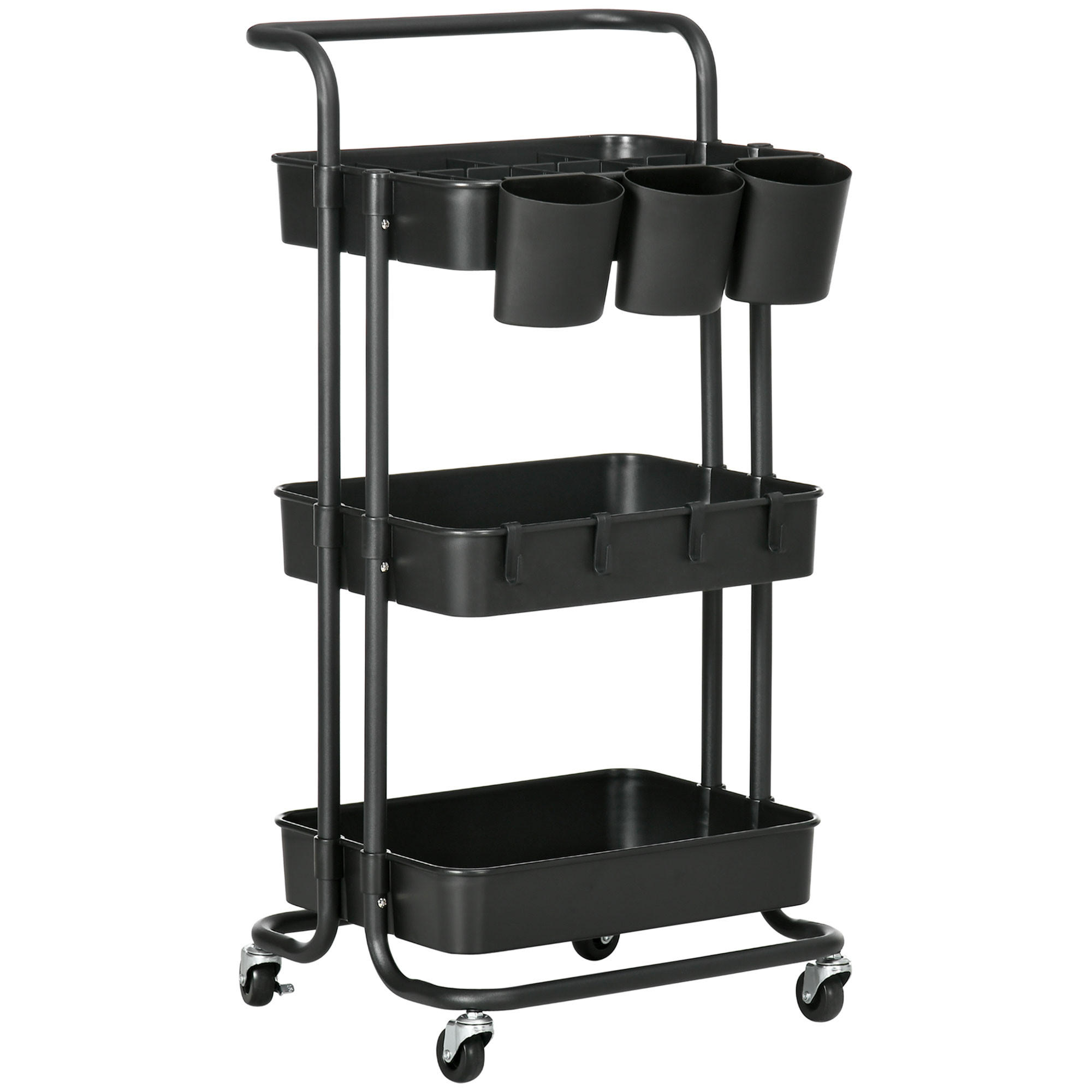 SERVIERWAGEN Rollwagen mit 3 Etagen, Stahl, Schwarz - Schwarz, Metall (42/86.5/38cm) - HOMCOM