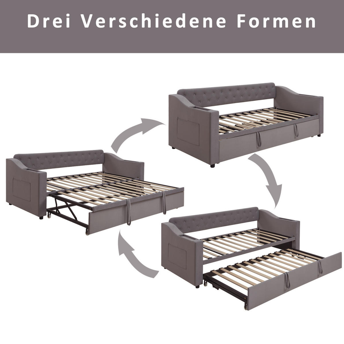SCHLAFSOFA aus Samt 90x190/180x190 cm Grau mit USB- und Typ-C-Anschluss, Stauraum und Lattenrost - Dunkelgrau, Textil (90/190cm) - IVMEU