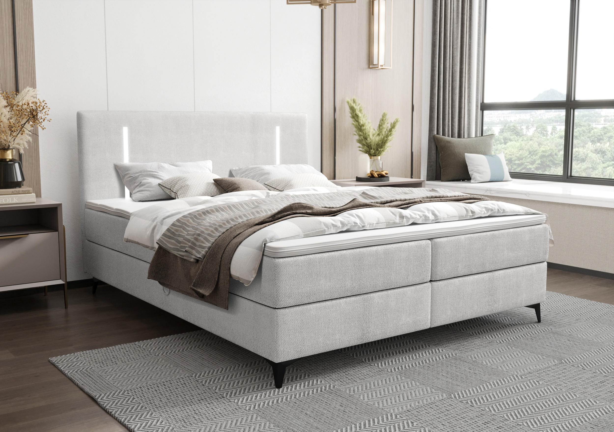 BOXBETT ONO mit Matratze H3, Bonell und Topper 180x200 CURIO 80 - Hellgrau, Textil (180/200cm) - Bedante