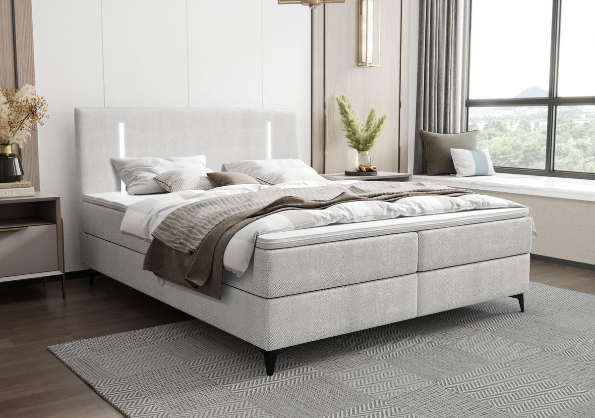 BOXBETT ONO mit Matratze H3, Bonell und Topper 160x200 CURIO 80 - Hellgrau, Textil (160/200cm) - Bedante