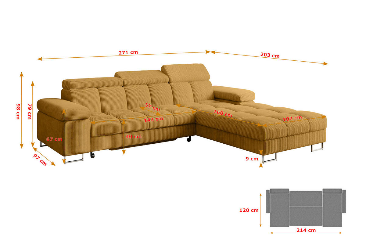 ECKSOFA mit Schlaffunktion Ottomane Rechts COMA L 271x203x79 Senfgelb Cord - Honig, Holzwerkstoff/Textil (203/271cm) - ALTDECOR