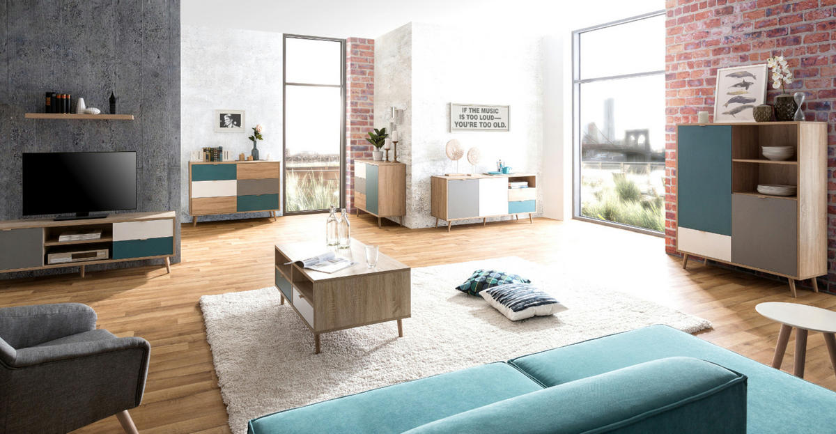 TV-LOWBOARD Eiche Sonoma, Petrol, weiß und grau, Fernsehtisch Tricolor skandinavisch - Eichefarben/Petrol, Holz/Holzwerkstoff (150/52/40cm) - Furn.Design