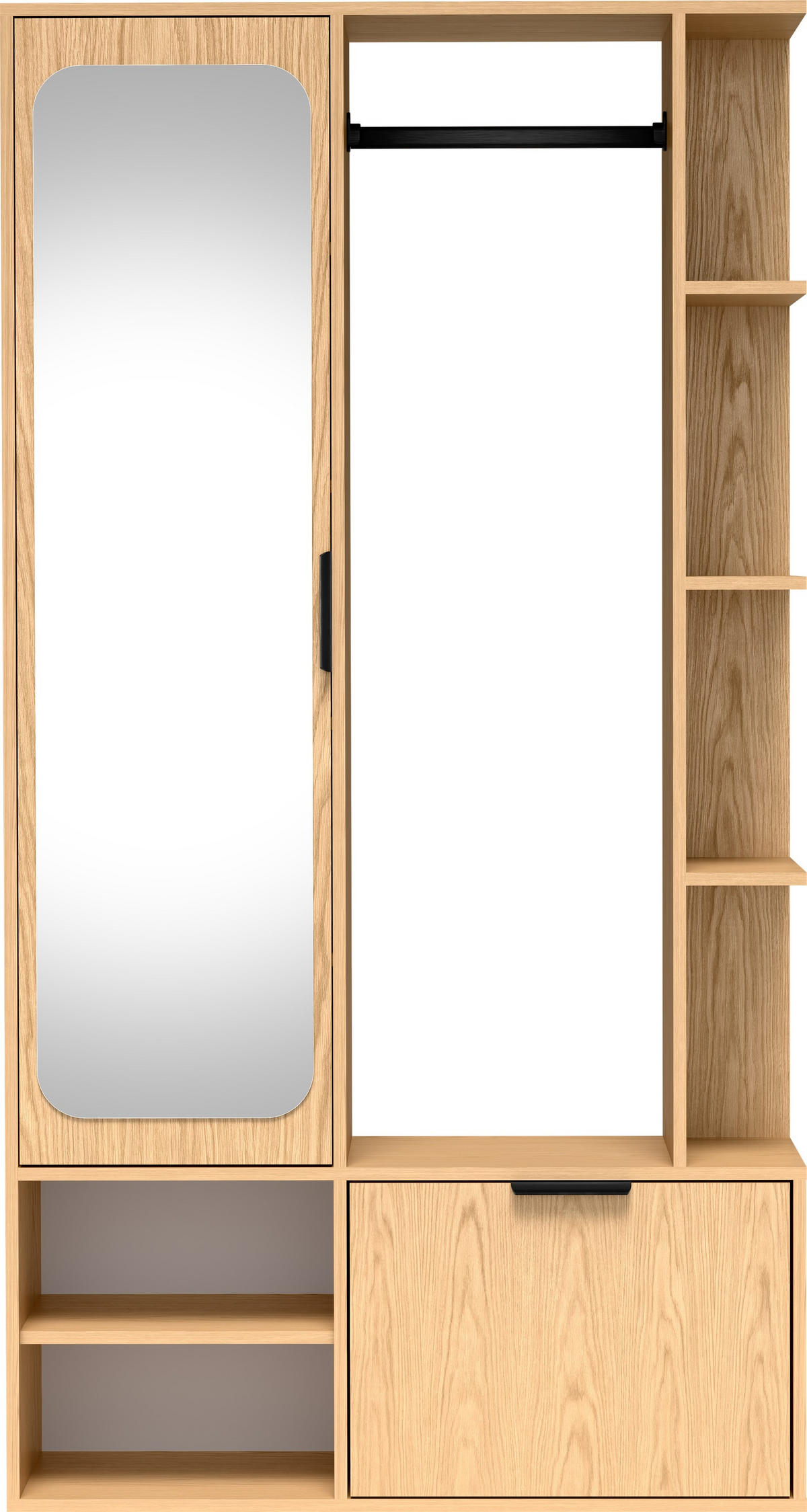 GARDEROBE Mela mit Spiegel, Sitzbank & Kleiderstange – 100/189/33 cm – Eiche Hellbraun - Eichefarben/Schwarz, Holzwerkstoff/Metall (100/189.4/33cm) - WFL GROUP