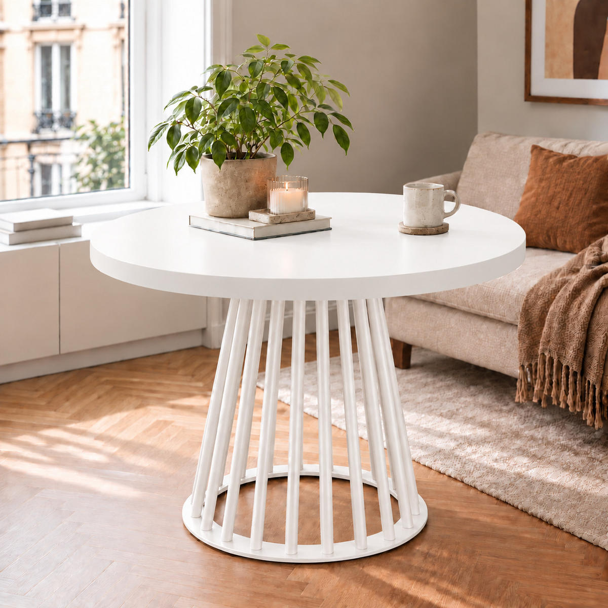 ESSTISCH rund ausziehbar 90/190/76 cm, Weiß, 54 cm Tischplatte + Lamellen-Metallgestell Weiß - Weiß, Holzwerkstoff/Metall (90/190/76cm) - Damale Möbel