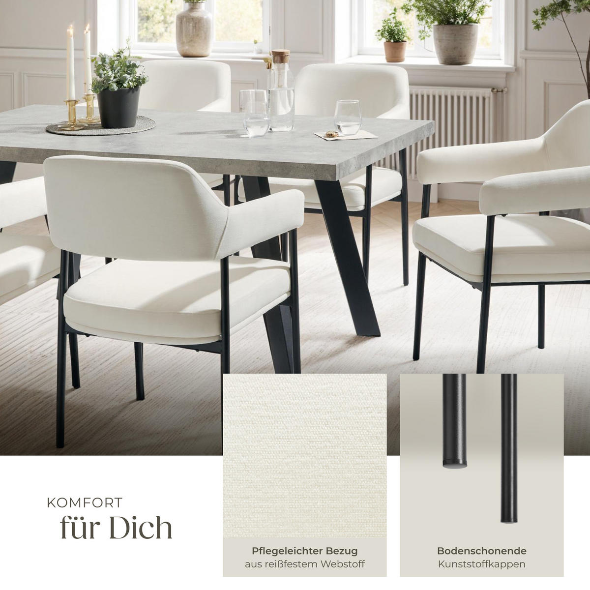 ARMLEHNSTUHL 2er Set Doé 58 x 62 x 85 cm Webstoff off-white/schwarz - Schwarz/Weiß, Textil (58/85/62cm) - tectake