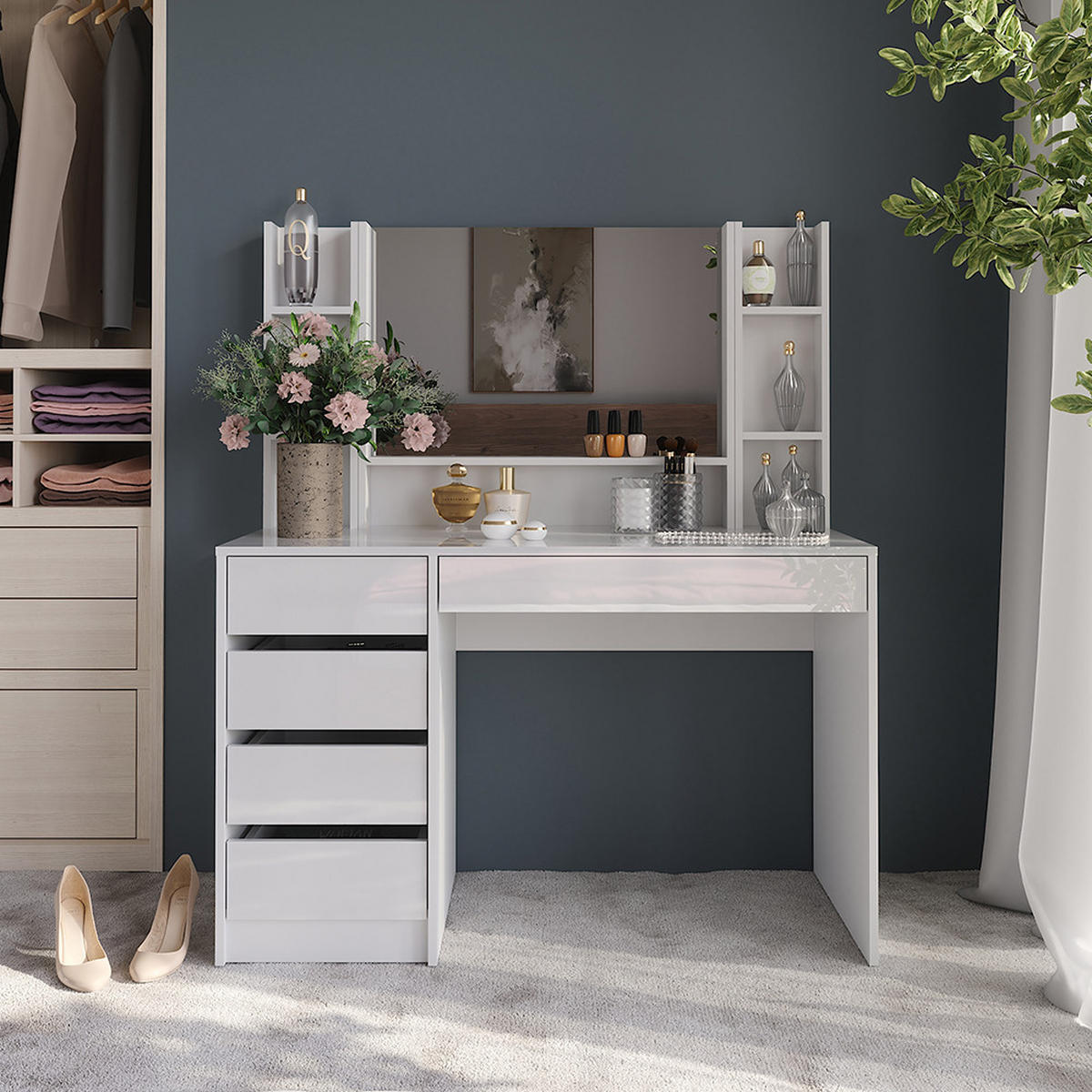 SCHMINKTISCH Sherry Weiß/Weiß Hochglanz 119.8 cm 4 Teile - Weiß Hochglanz, Holzwerkstoff (119.8/76/50.1cm) - Vicco