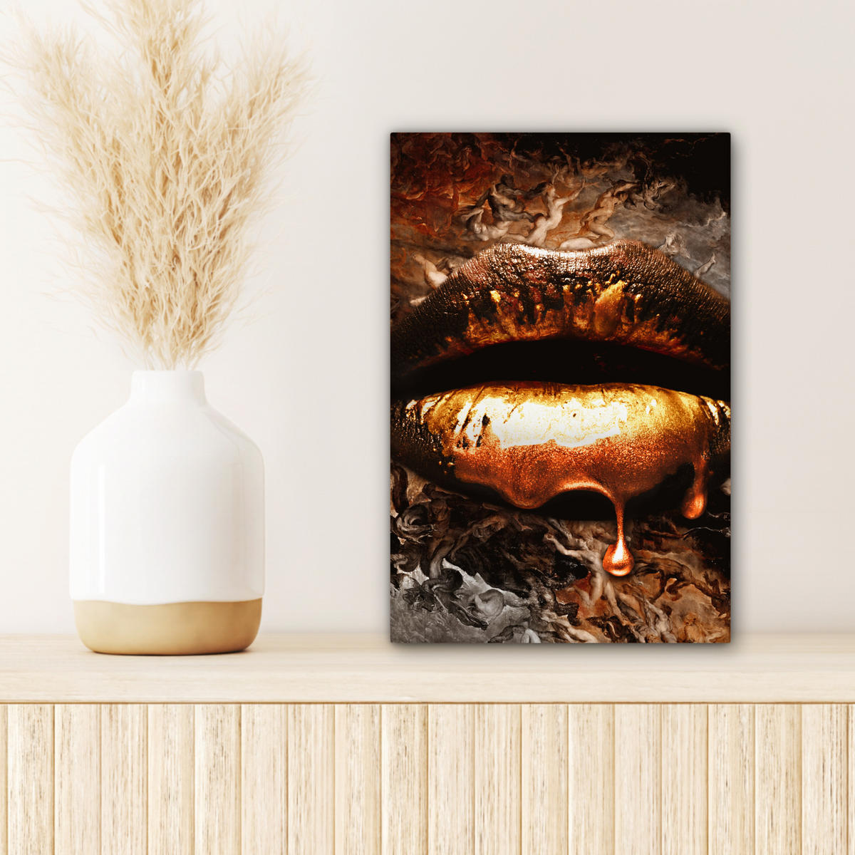 LEINWANDBILD Gold - Lippen - Kunst - Gold - Luxus - Abstrakt Deko Wohnzimmer 20x30 cm - Kupferfarben, Textil (20/30cm) - MuchoWow
