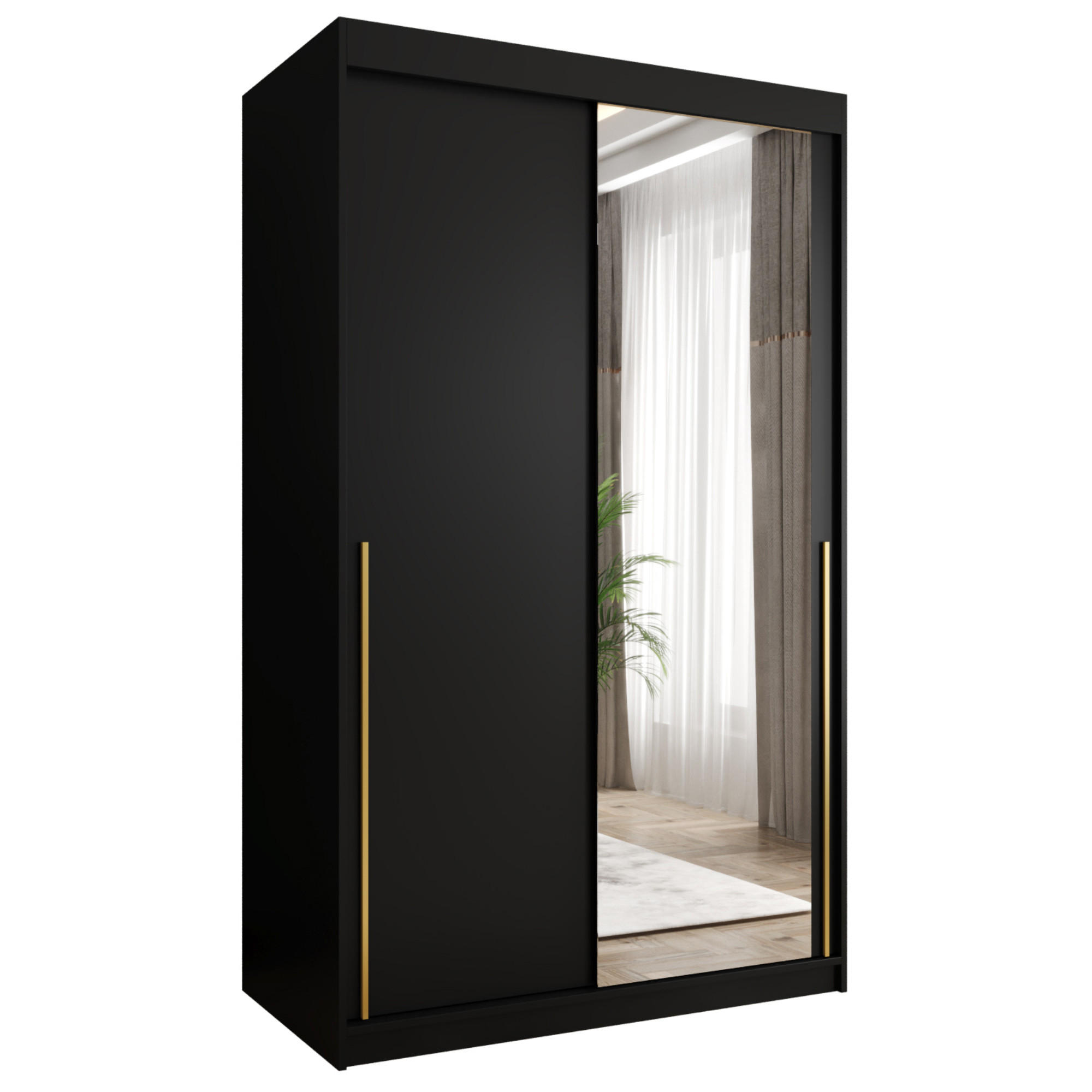 SCHIEBETÜRENSCHRANK mit Spiegel 120 cm Breite, Schwarz mit goldenem Griff - Goldfarben/Schwarz, Holzwerkstoff (250/200/62cm) - Home Collective