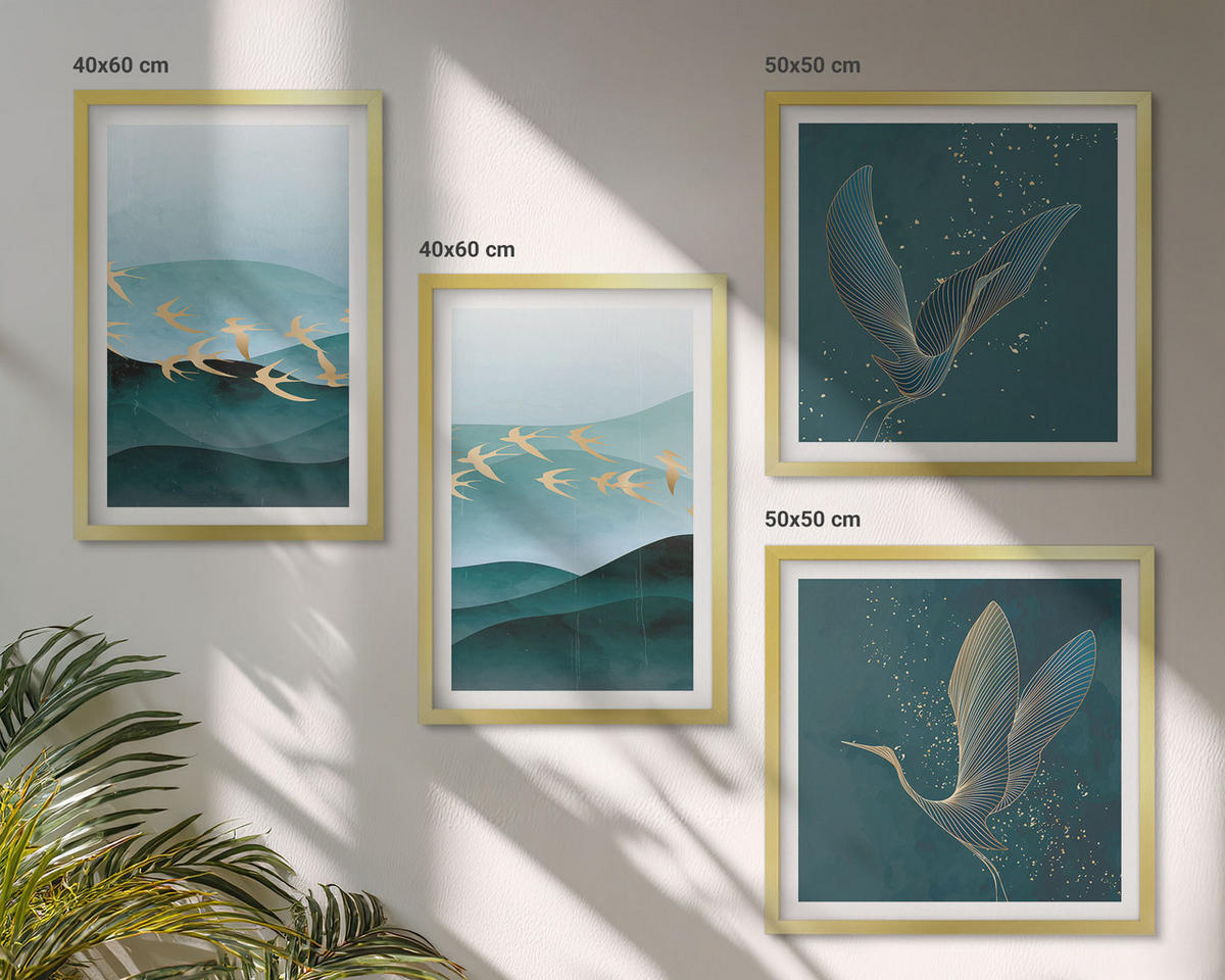 BILDER SET 4er Set - 50x50 cm & 40x60 cm Goldrahmen - Abstrakte Landschaften von Vogelwellen - Goldfarben, Kunststoff (50/50cm) - TULUP