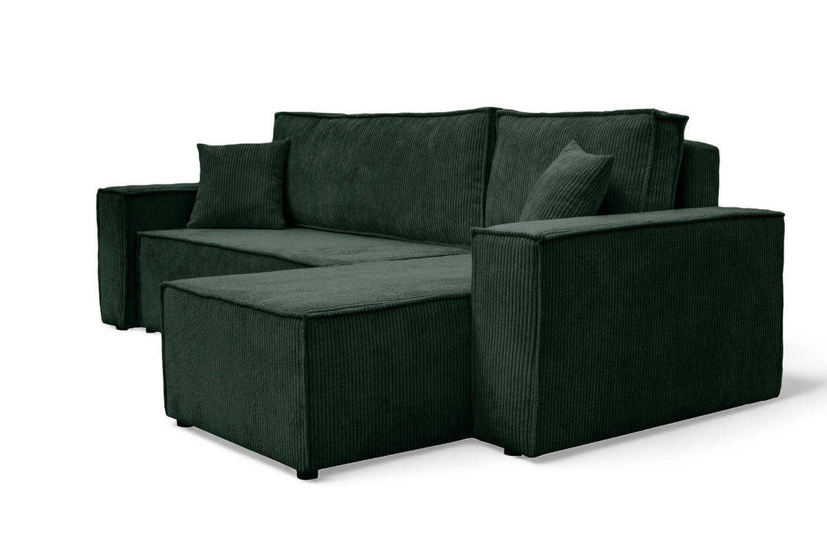 ECKSOFA Hugo L in L-Form mit Schlaffunktion und Bettkasten, Farbe: Grün, Cordstoff, Ottomane Unsiversal - Grün, Textil (244/145cm) - VENASI MÖBEL