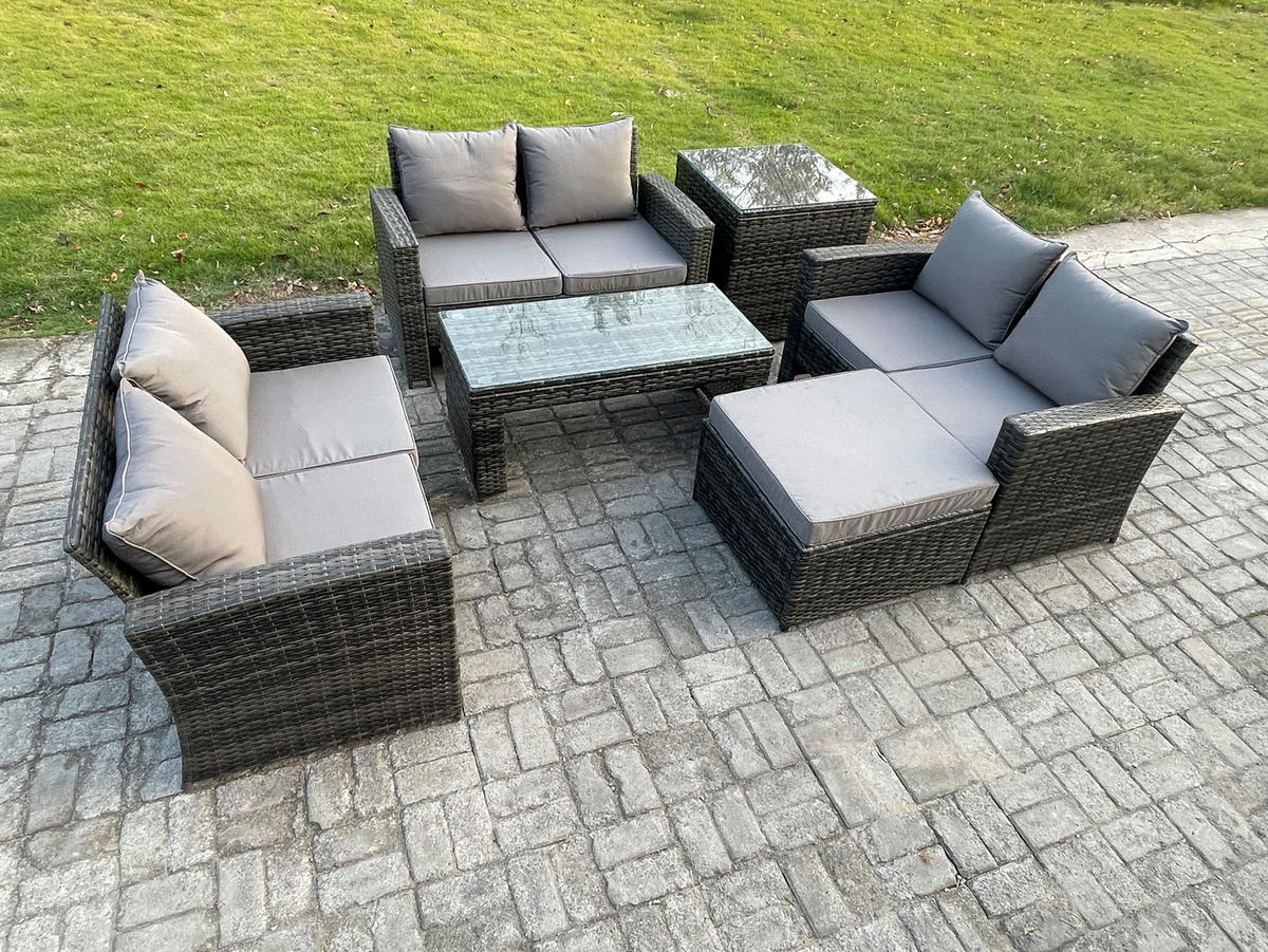 GARTENGARNITUR Polyrattan Dunkelgrau 7-Sitzer - Dunkelgrau, Metall - Fimous
