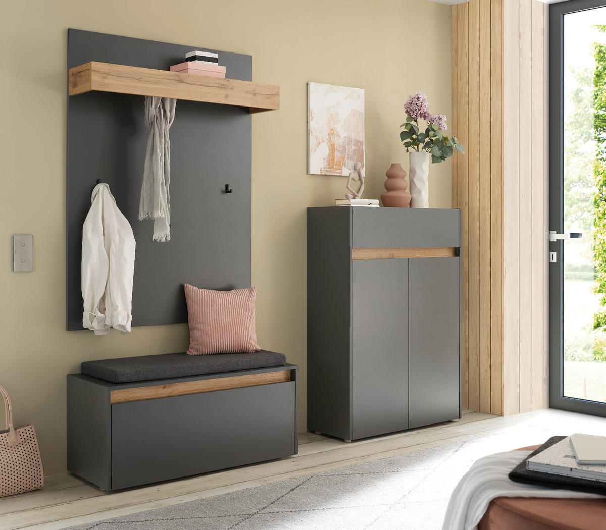 GARDEROBEN-SET grau matt, Eiche Wotan 4-teilig 195 cm, Sitzbank inklusive Sitzkissen - Eiche Wotan/Schwarz, Holzwerkstoff/Kunststoff (195/200/40cm) - Furn.Design