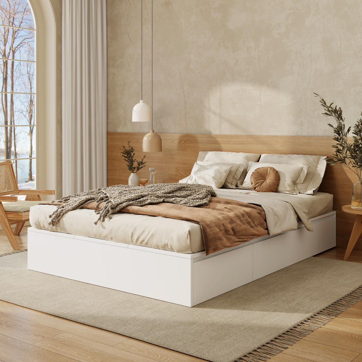 STAURAUMBETT 140/200 cm Weiß mit Aufbewahrungsboxen und Schubladen - Weiß, Holzwerkstoff (140/200cm) - OKWISH