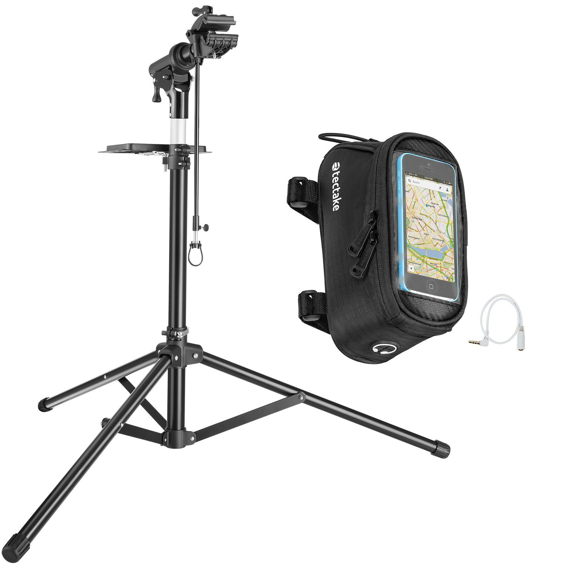 REPARATURSTÄNDER mit Rahmentasche ,wasserabweisende Rahmentasche mit Klettverschluss sowie Handyfach mit Touch-Sichtfenster,schwarz - Schwarz, Metall (120/180/138cm) - tectake