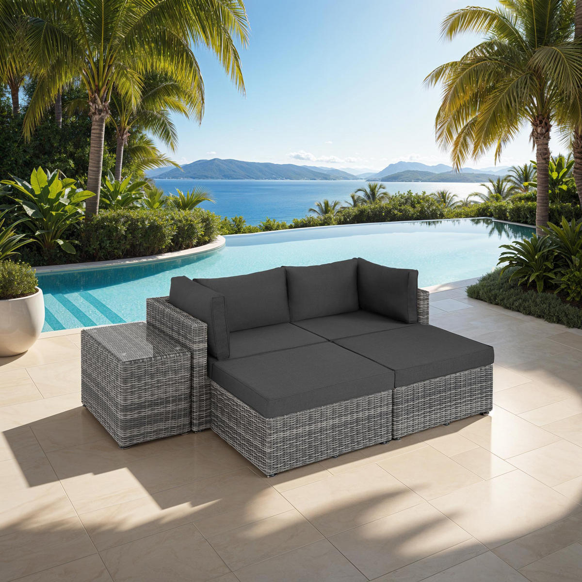 RATTANLOUNGE San Domino,mit Sicherheitsglasplatte,hellgrau/dunkelgrau - Dunkelgrau/Hellgrau, Kunststoff (72/63cm) - tectake
