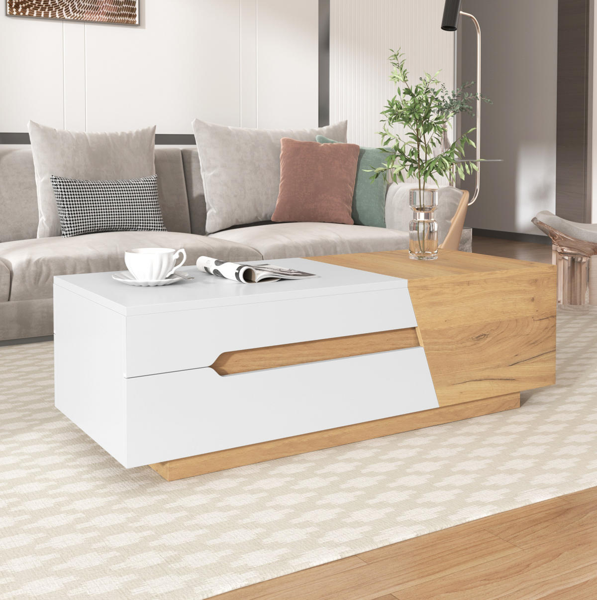 COUCHTISCH aus MDF mit verschiebbarem Stauraum und 2 Schubladen, 120/50/37,5 cm, weiß und natur - Weiß, Holzwerkstoff (120/50/37.5cm) - Redom