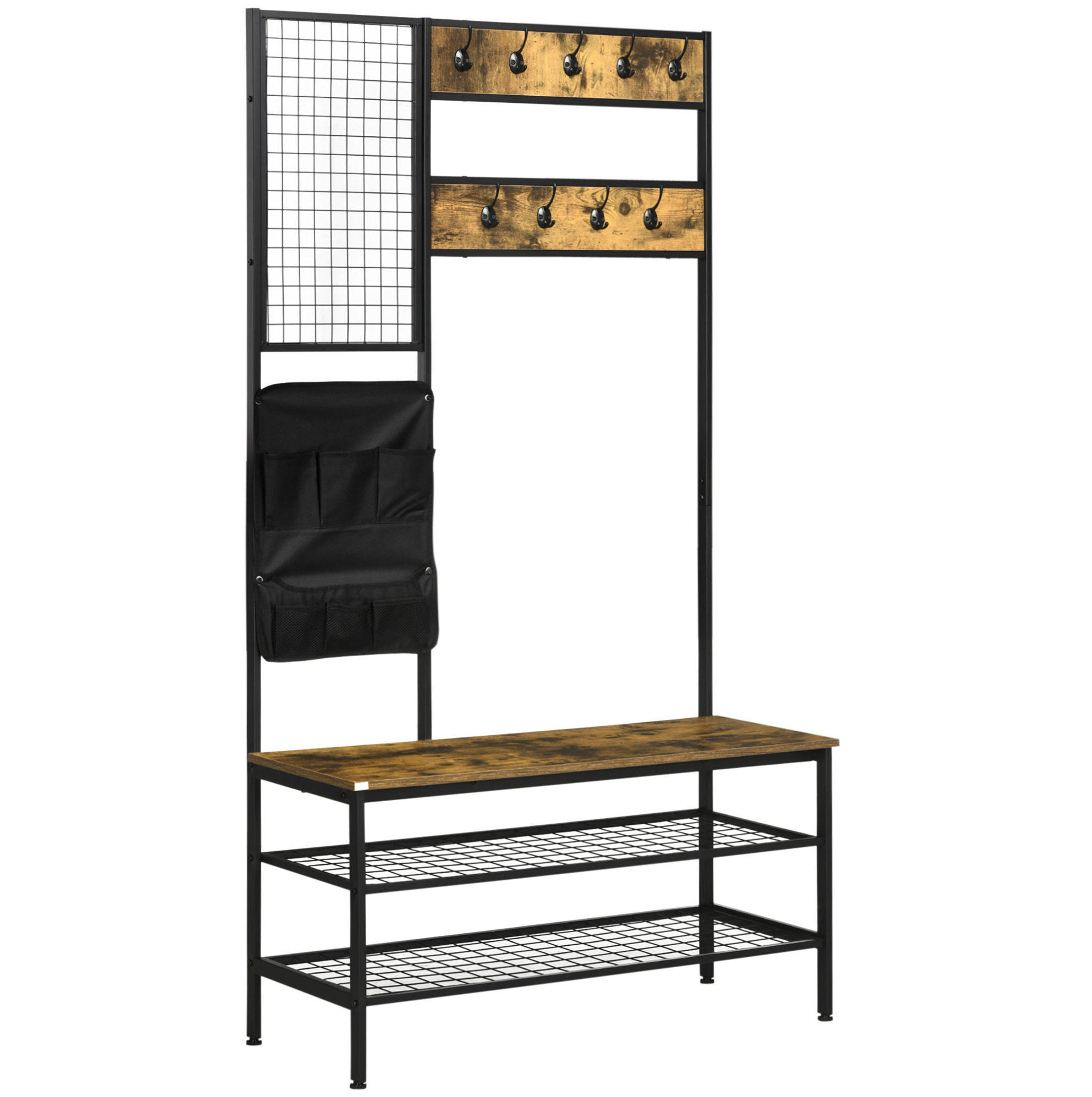 STANDGARDEROBE 100/40/185 cm mit 9 Haken, Sitzbank und Schuhablage - Braun, Holzwerkstoff (100/185/40cm) - BEAOK