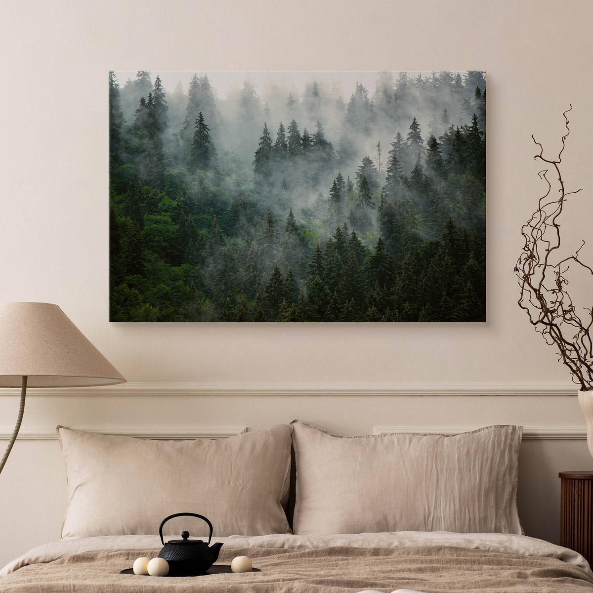 LEINWANDBILD Wald im Nebel Landschaft 3D 120x80 - Schwarz/Grau, Textil (120/80cm) - Muralo
