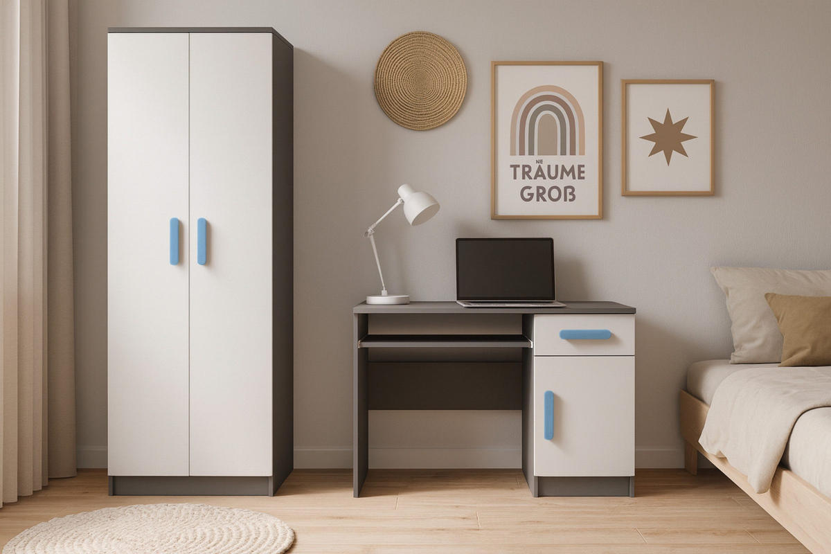 KINDERZIMMER-SET INGE IV 2-teilig in Weiß+Grau/Blau - Blau/Weiß, Holzwerkstoff (190/192/50cm) - Deine Möbel 24