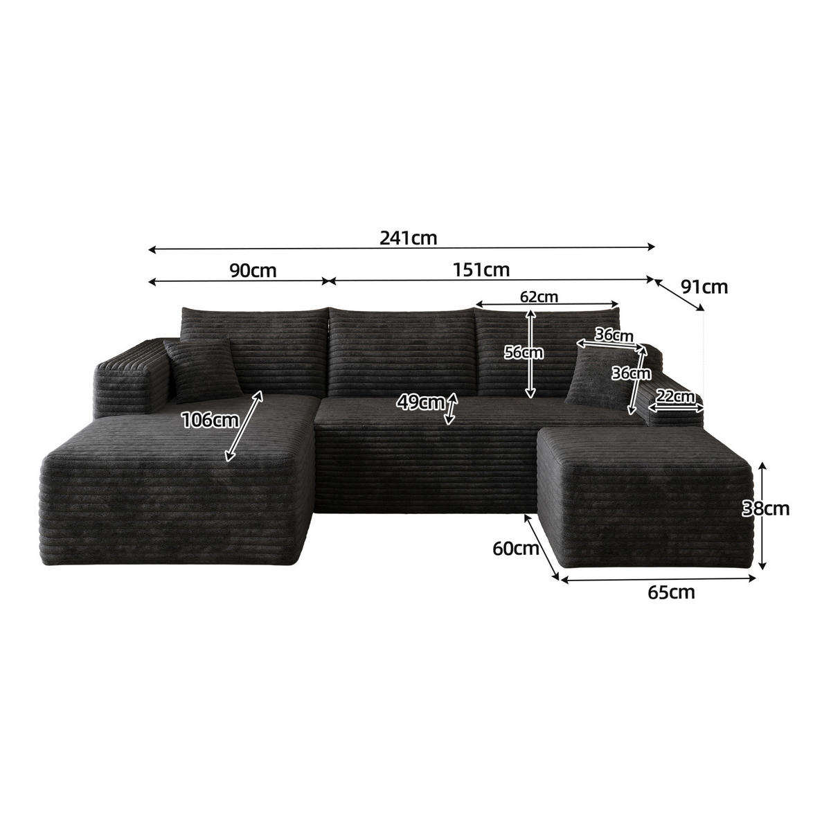 ECKSOFA 241 cm aus Stoff mit Cordbezug und Chaiselongue Schwarz - Schwarz, Textil (151/241cm) - Modenvie