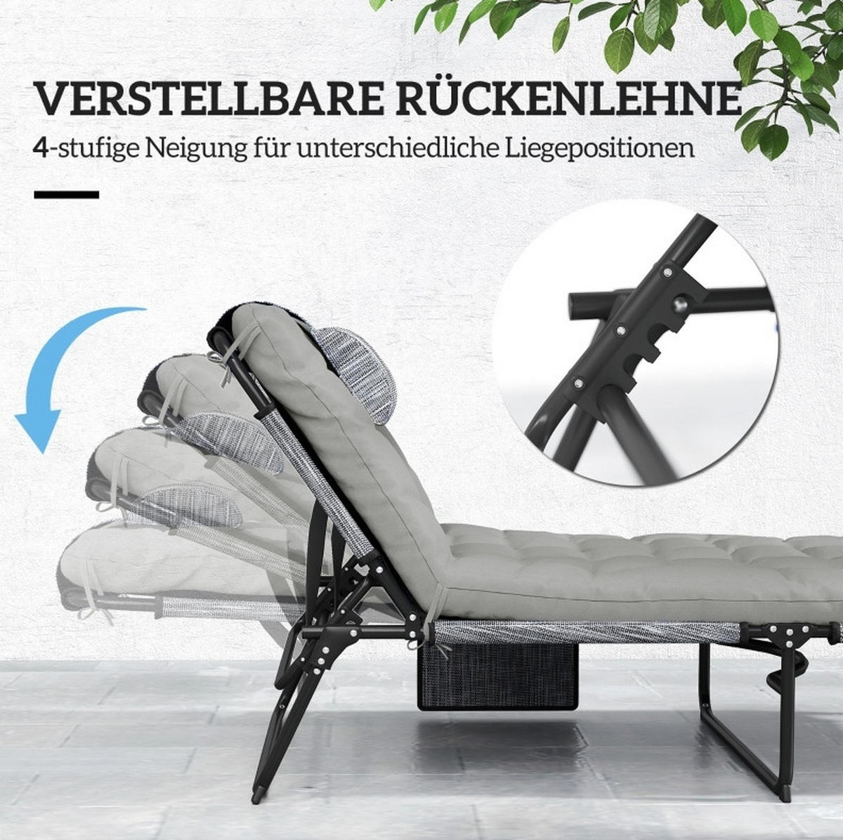 SONNENLIEGE aus Polyester 68x189x30 cm Grau klappbar mit 4-fach verstellbarer Rückenlehne, Kopfstütze und Seitentasche - Grau, Kunststoff (189/33/68cm) - Modfu