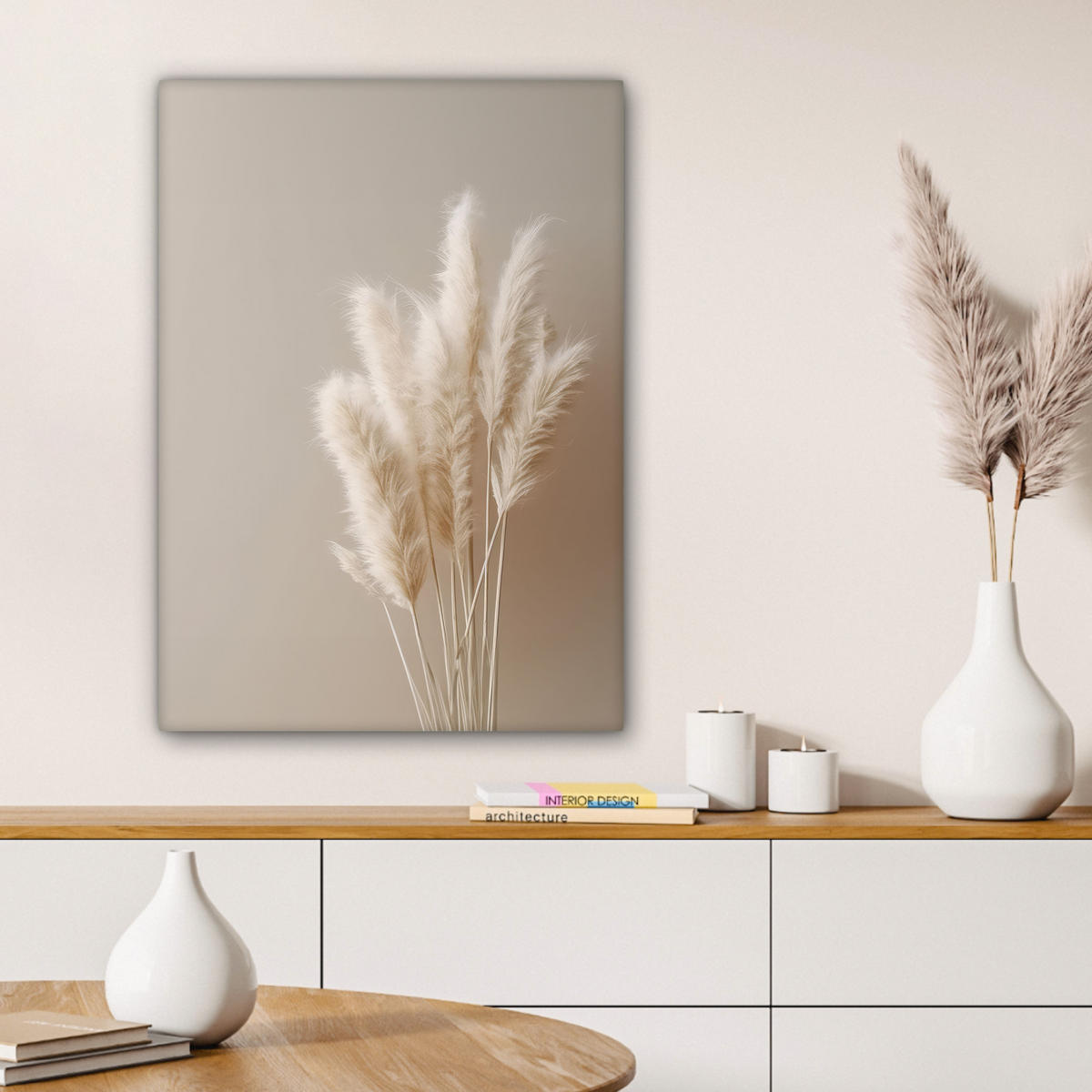 OBRAZ NA PLÁTNĚ Pampová tráva - Plumes - Pastelová - Bílá 60x80 cm - přírodní, textil (60/80cm) - MuchoWow