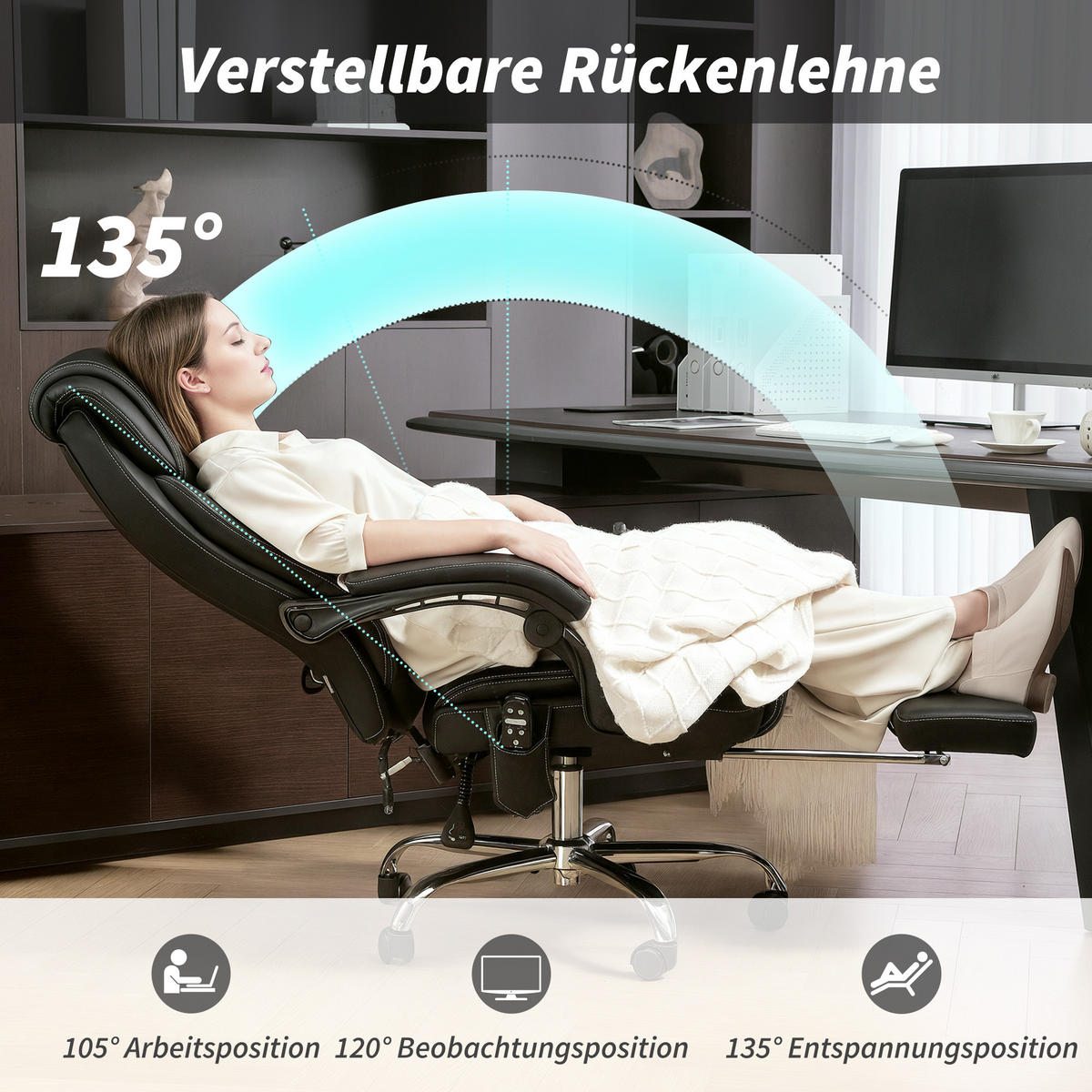 DREHSTUHL DE-05238 Ergonomisch, Massagefunktion & Fußstütze Schwarz - Schwarz, Metall (67/119/72cm) - ComfortXL