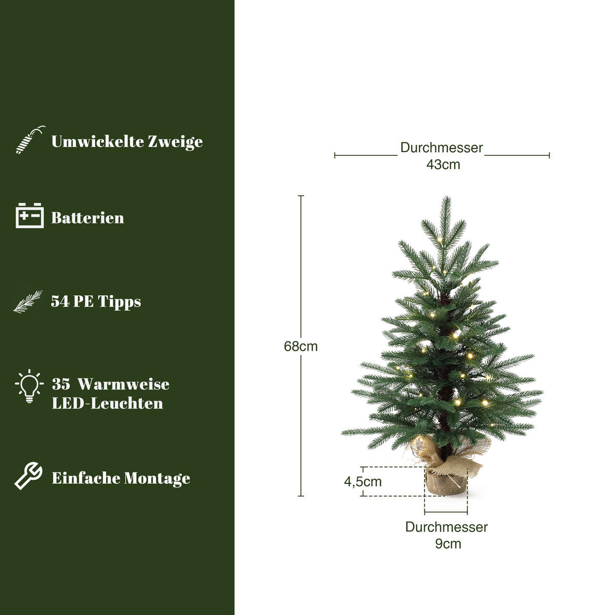 MINI Weihnachtsbaum 68 cm mit LED & Jutebasis - Grün, Kunststoff (43/68cm) - Hometopia