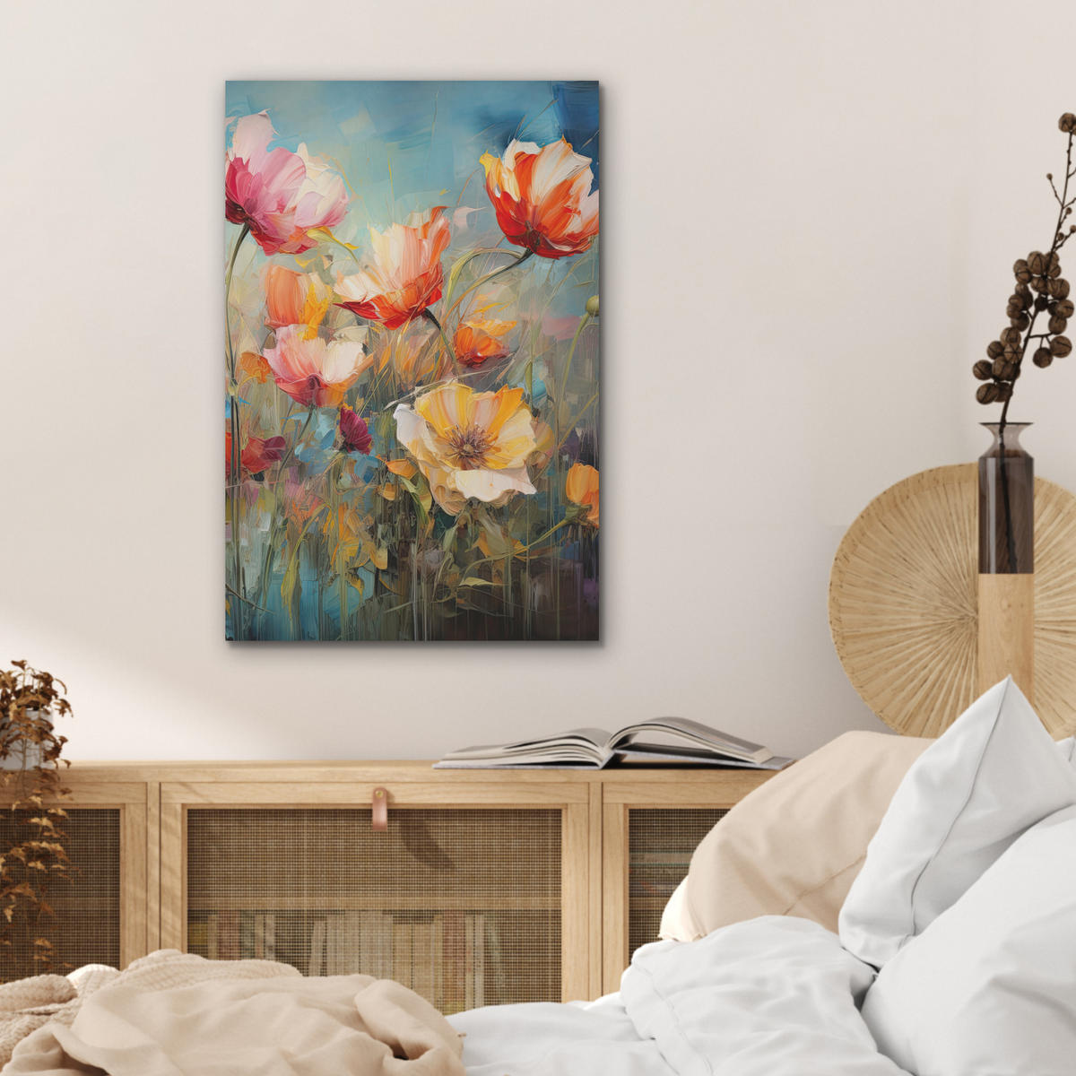 AKUSTIKBILD Blumen - Aquarell - Kunst - Botanisch - Natur Kunstdruck Schlafzimmer 50x70 cm - Orange, Kunststoff (50/70/0.9cm) - MuchoWow