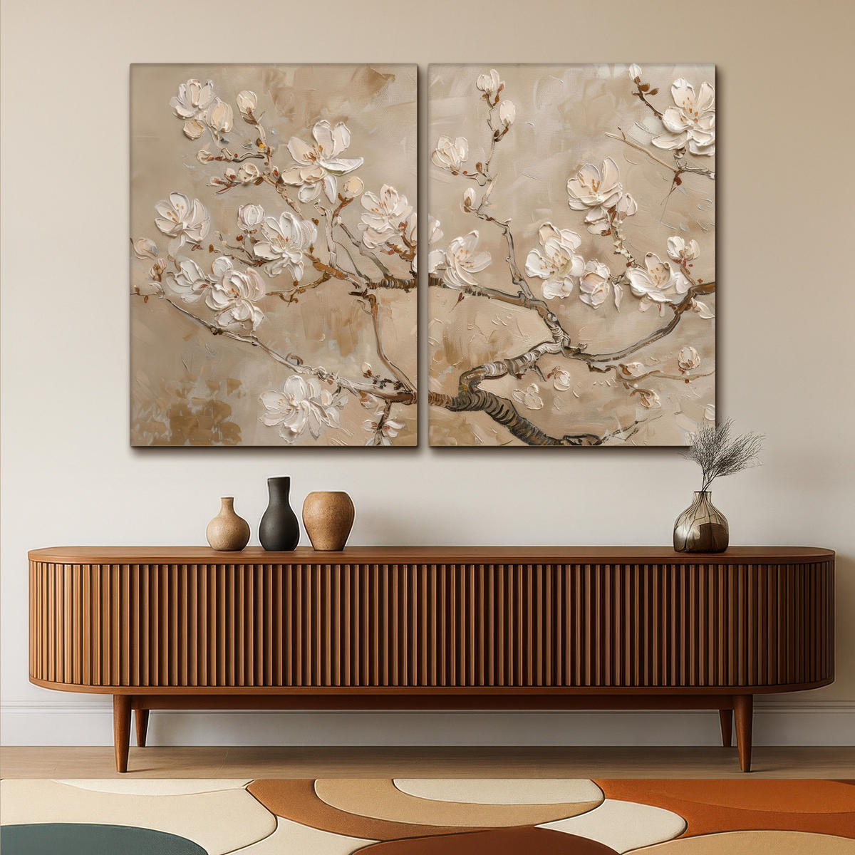 LEINWANDBILD 2er Set Beige - Blüte - Modern 180x120 cm - Greige, Textil (180/120cm) - MuchoWow